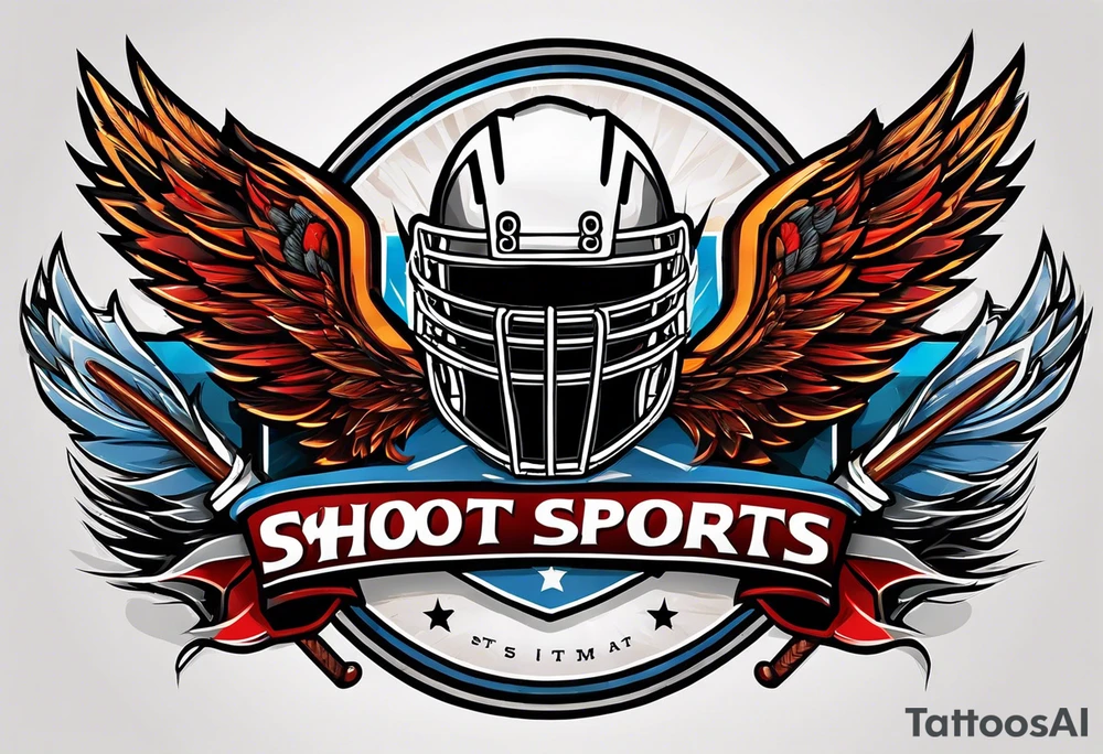 crossed hockey sticks in the background and wings that says "SHOT SPORTS" tattoo idea