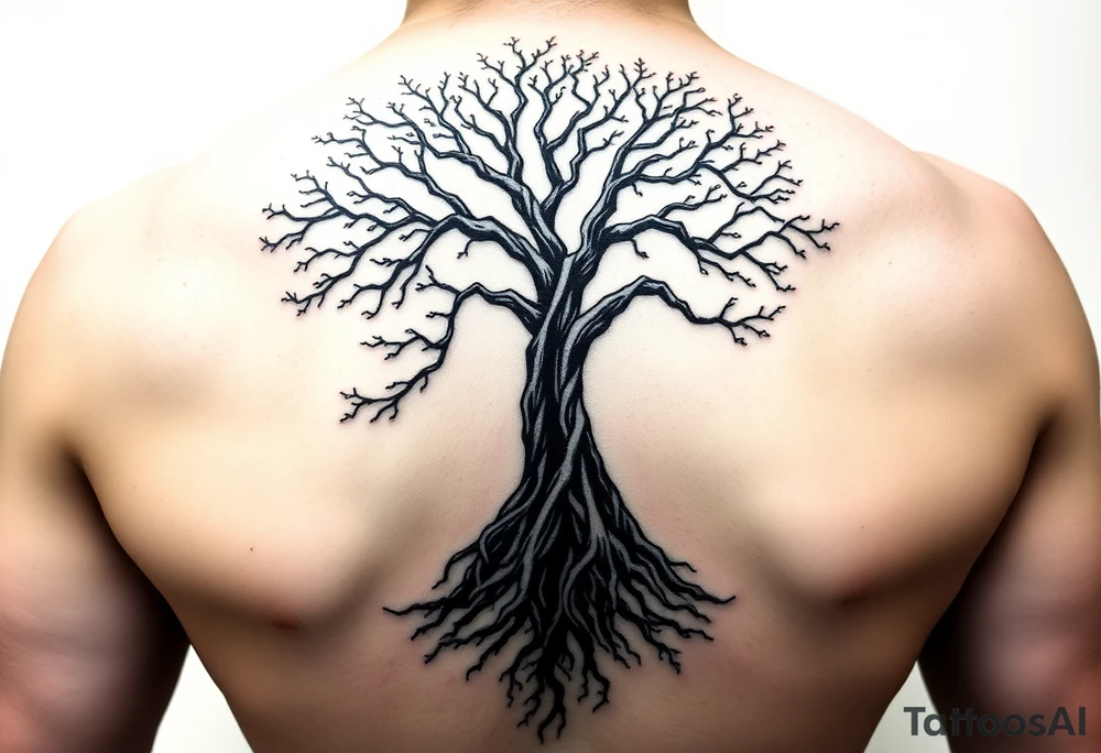 mystical tree of life with cosmic roots and celestial branches tattoo idea