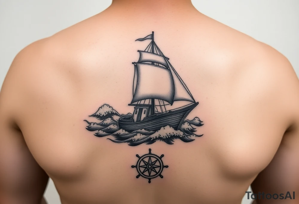 Forearm tattoo: an old sail boat surrounded by big waves and then on the wrist it will be the steering wheel of the boat but the inside will be a compass tattoo idea