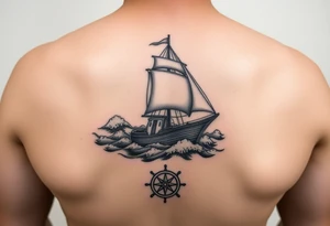 Forearm tattoo: an old sail boat surrounded by big waves and then on the wrist it will be the steering wheel of the boat but the inside will be a compass tattoo idea