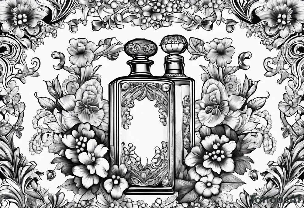 1950s perfume bottle with bows, pearls, lace, and flowers tattoo idea