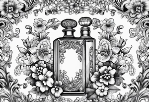 1950s perfume bottle with bows, pearls, lace, and flowers tattoo idea