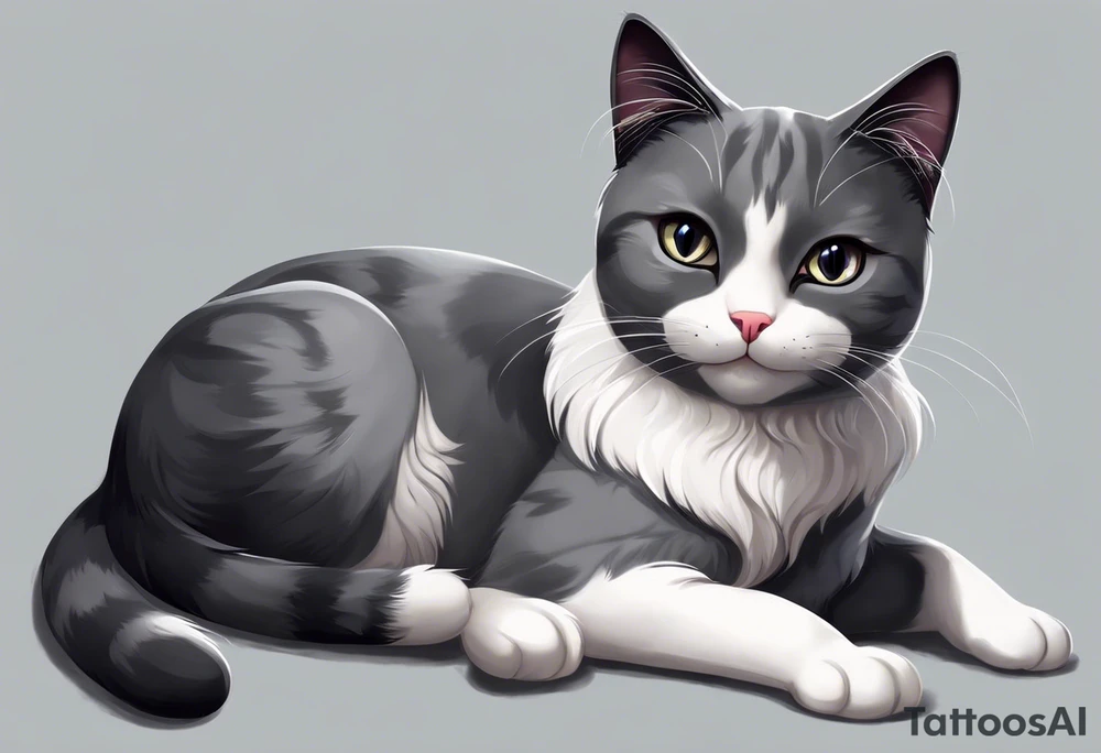 Grey and white cat. She has mostly grey body, smaller white patches on her belly, all four paws are white, but her legs are grey.  she has a tiny little white moustache. White whiskers. She is on the larger side for a cat. I want the tattoo to reflect her sweet personality. She loved sunshine and flowers. She is recently passed away and I would like a memorial tattoo of my sweet baby cat. I want a black and white simple sketch. Her face is completely grey except a tiny white moustache below her nose. tattoo idea