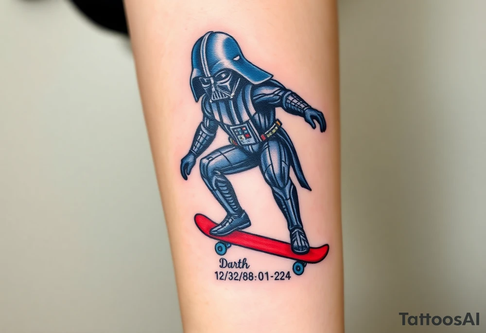 Darth Vader skateboarding >
blue & red
skateboard words "Darth Carter"
add date 12/29/88-01/06/24 tattoo idea