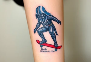 Darth Vader skateboarding >
blue & red
skateboard words "Darth Carter"
add date 12/29/88-01/06/24 tattoo idea