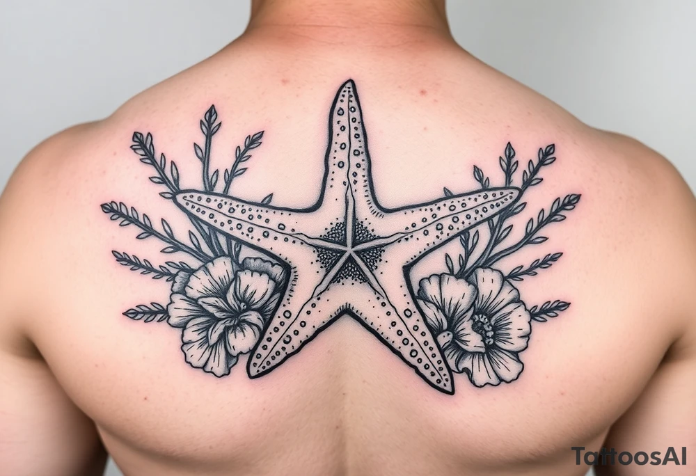 Starfish and sea flora done in the style used during World War Two tattoo idea