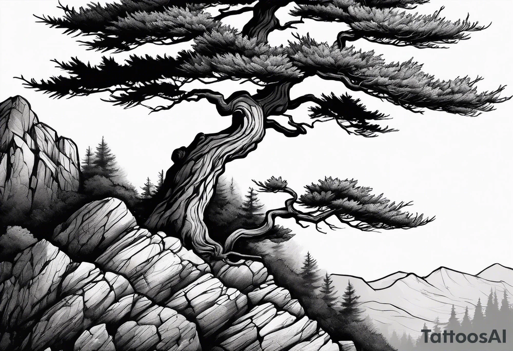 red pine tree on the edge of a cliff tattoo idea
