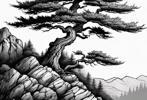 red pine tree on the edge of a cliff tattoo idea