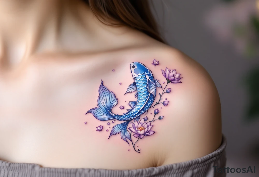 Blue and Silver Koi with Lotus Flowers – A calming blue koi accented with silver scales, surrounded by blooming lotuses in shades of pale purple and white, symbolizing purity and transformation. tattoo idea