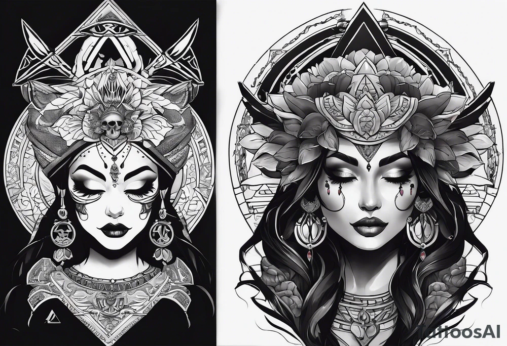 kali ma, alien goddess, valkrye, pirate, divine feminine, zenza resonance, pachamama, lotus azul, blank panther, eagle, skull, 5D, nueva gaya, dna 12 tattoo idea