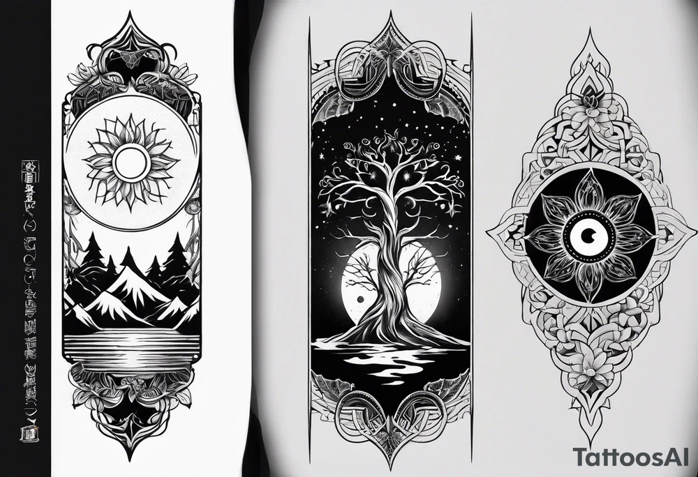 spiritual feminine tattoo for sleeve without faces, just sun and moon, tree of life and powerful symbols 24 feet tall by 4 inches wide tattoo idea