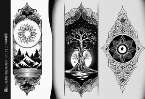 spiritual feminine tattoo for sleeve without faces, just sun and moon, tree of life and powerful symbols 24 feet tall by 4 inches wide tattoo idea