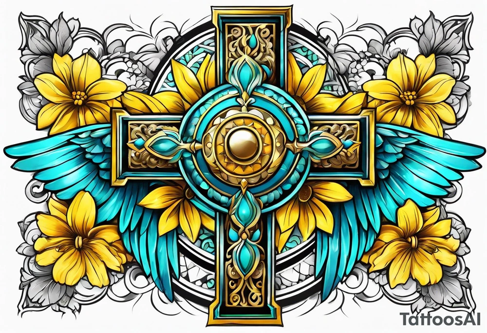 Winged cross surrounded by yellow and aqua flowers tattoo idea