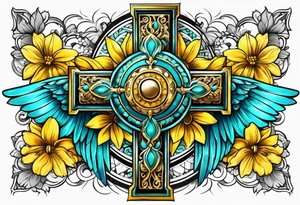 Winged cross surrounded by yellow and aqua flowers tattoo idea