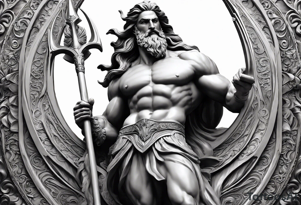 Poseidon is shown in a powerful and commanding pose, with intricate details highlighting his muscular physique and regal presence. His long, flowing beard and hair are depicted with meticulous shading, giving them a lifelike texture. The god’s eyes are intense and penetrating, capturing his divine authority.

He holds his iconic trident, detailed with sharp, defined prongs and intricate designs along the handle. The trident is positioned prominently, symbolizing his dominion over the oceans. His skin is rendered with lifelike textures, and the flowing elements of his hair and beard suggest movement, as though caught in a gust of wind.

The background is kept minimalistic and clean, focusing solely on Poseidon and his trident, allowing the detailed depiction of the god himself to stand out. The use of shadows and highlights enhances the three-dimensional effect, bringing out the strength and majesty of Poseidon in a strikingly realistic manner. tattoo idea