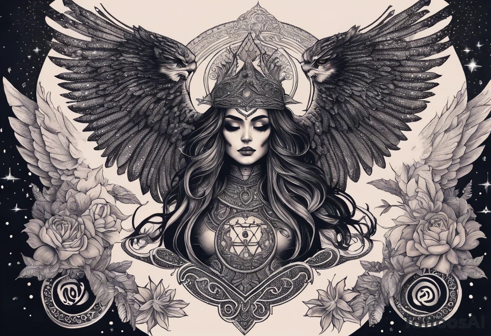 black kali, goddess pirate, alien, angel, pachamama, valkrye, warrior, flying, skull, lotus azul, wing, eagle, zenza resonance, stars, 5D, anahata chakra, death, durga, riding on a tiger, flying lady, chest tatoo tattoo idea