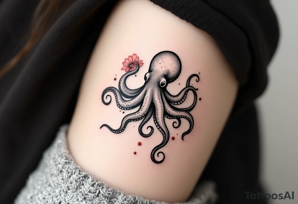 A small realistic black and grey tattoo of an octopus, cute, with detailed shading and soft linework, showing the octopus with swirling tentacles, on light skin. ornamental flowers around with red ink. The style is minimalistic and elegant, resembling fine-line tattoo with a shadow tattoo idea