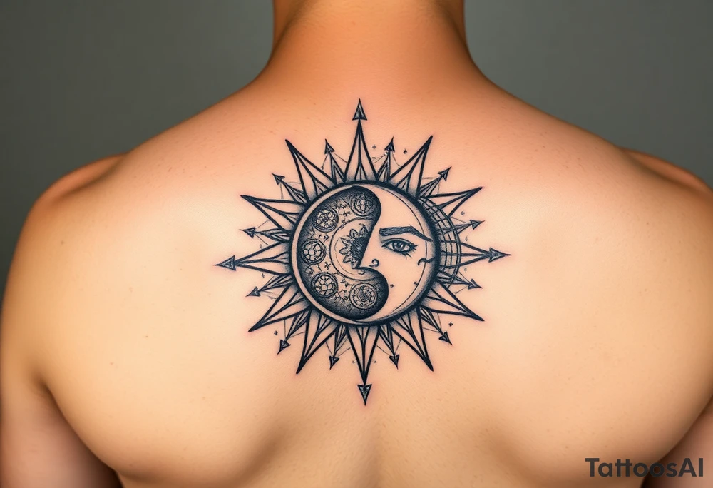 celestial sun and moon embrace with constellation patterns tattoo idea