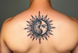 celestial sun and moon embrace with constellation patterns tattoo idea