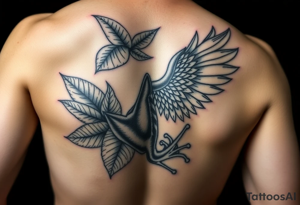 Full Sleeve tattoo including details of jungle leaves, Taino frog , Puerto Rican tribal patterns, angel wing tattoo idea