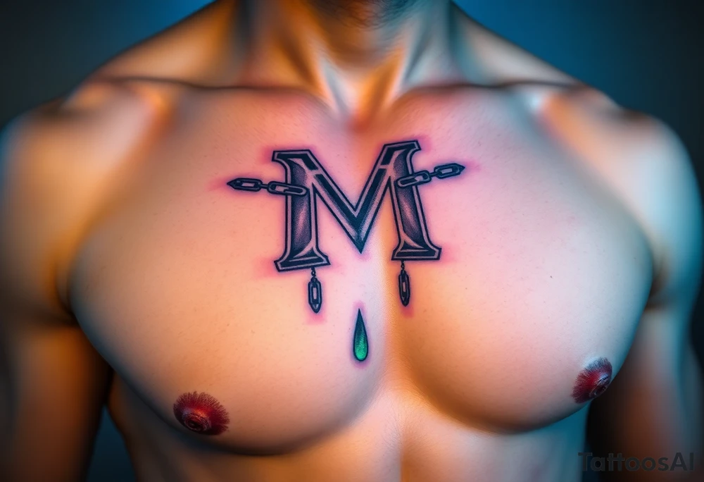 A series of chains in the shape of the "M" logo, broken and hanging down, glowing with neon green and purple light. tattoo idea