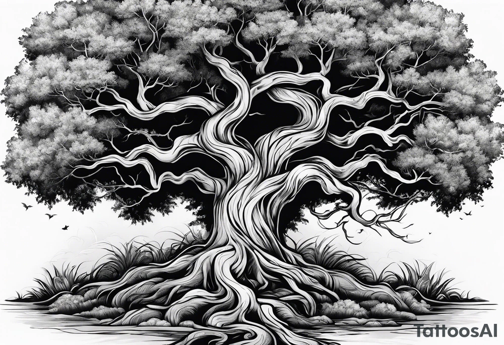 tree with long roots and branches tattoo idea