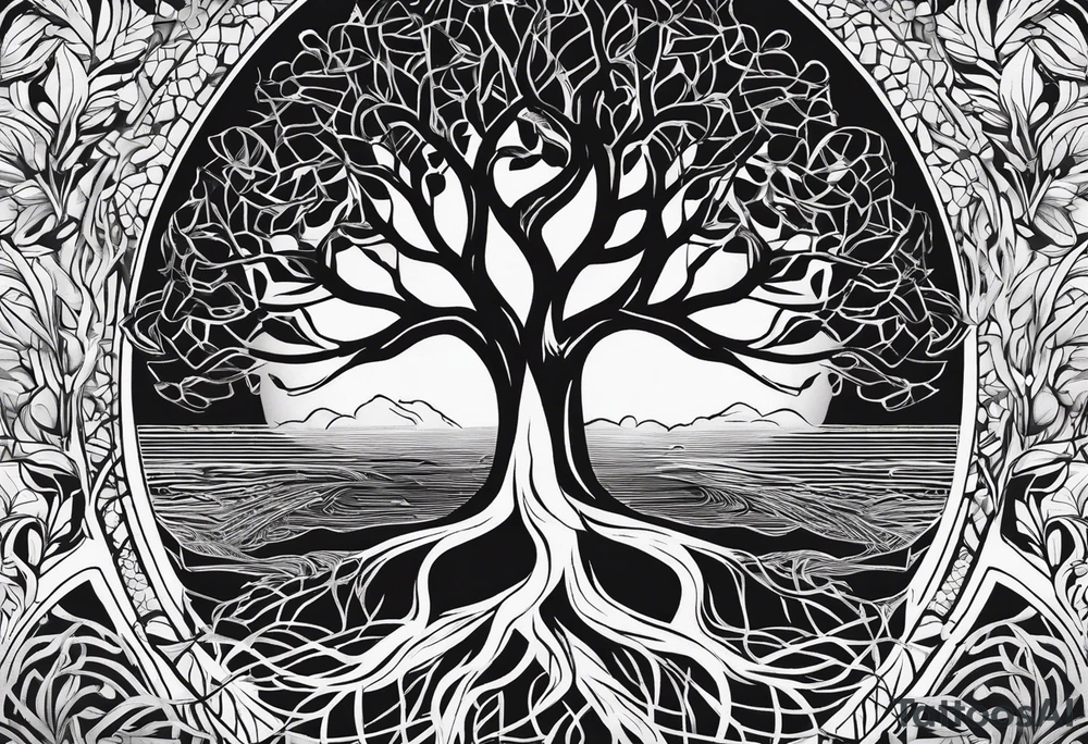 tree of life with long vertical roots
3 line triangles behind tattoo idea