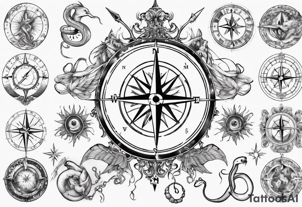 Compass tatoo with sun, Gemini , angels and snake tattoo idea