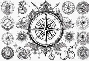 Compass tatoo with sun, Gemini , angels and snake tattoo idea