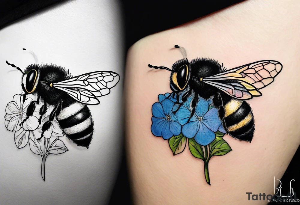 Small tattoo. There’s a hydrangea and a bee but they are not touching. Make the bee smaller than the hydrangea and have the bee off to the side. tattoo idea