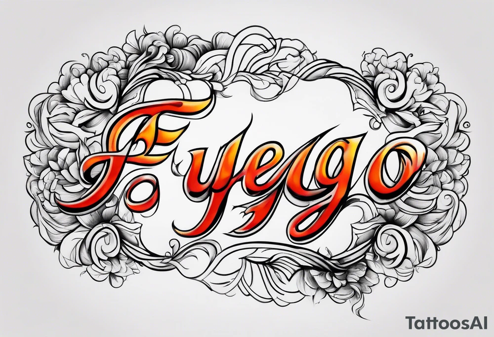 The word “fuego” in cursive inside fire and fades out tattoo idea