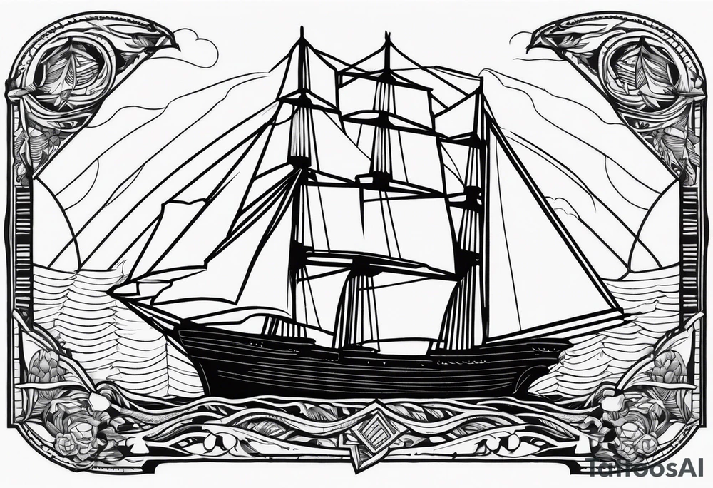 A American traditional sail ship made in a modern Blackwork style tattoo idea