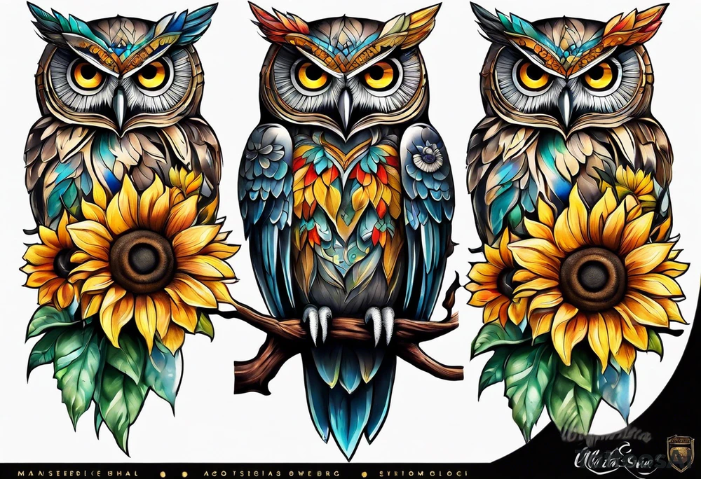 Leg sleeve with colorful sunflowers and an owl tattoo idea