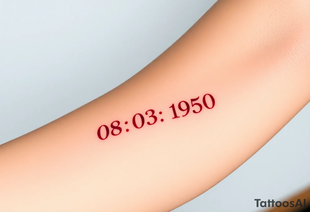 “Quero uma tatuagem no antebraço, simples e pequena. Deve ter a data de nascimento do meu avô 08/03/1950 escrita em vermelho, seguida de um traço reto e, à frente, o símbolo de infinito em preto com detalhes em branco. O design deve ser minimalista, com letras elegantes e proporcionais, mantendo um aspeto discreto.” tattoo idea