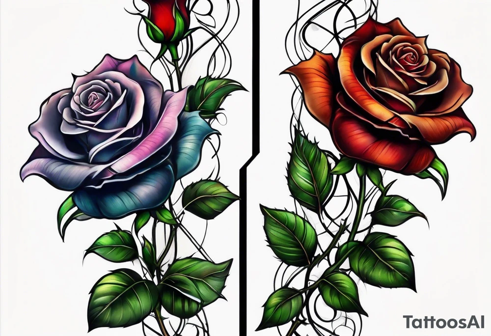 long vertical tattoo to cover my whole shin showing two separate rose stems wrapped around each other, one stem should have thorns and one should be thornless I want a long stem to shower them intertwined tattoo idea