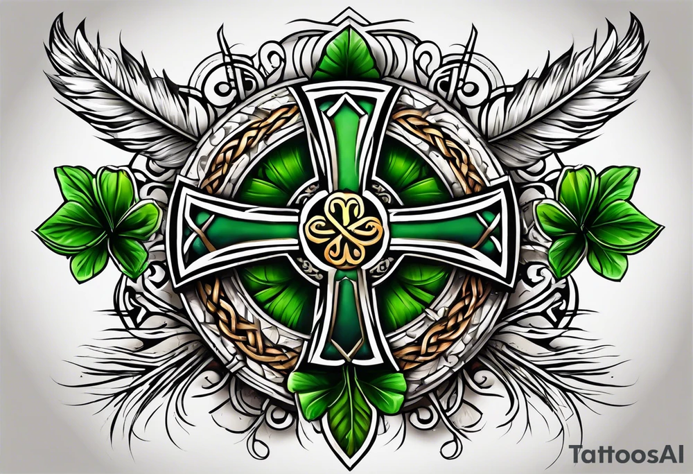 Celtic cross, shamrock in center, one Indian feather hanging from each side arm of cross tattoo idea