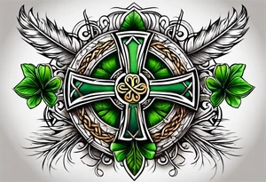 Celtic cross, shamrock in center, one Indian feather hanging from each side arm of cross tattoo idea