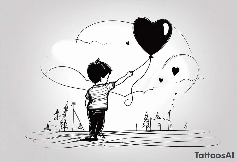 tatoo in sketch style only.
A little boy is holding a string to the hearth shaped small party baloon.
boy should be drawed from behind and has one hand reaching up in 45 degree angle and holding the baloon string
On the string is a wave which look like a hearbeat pulse.
draw it without any scenery, without any background. Just a boy tattoo idea