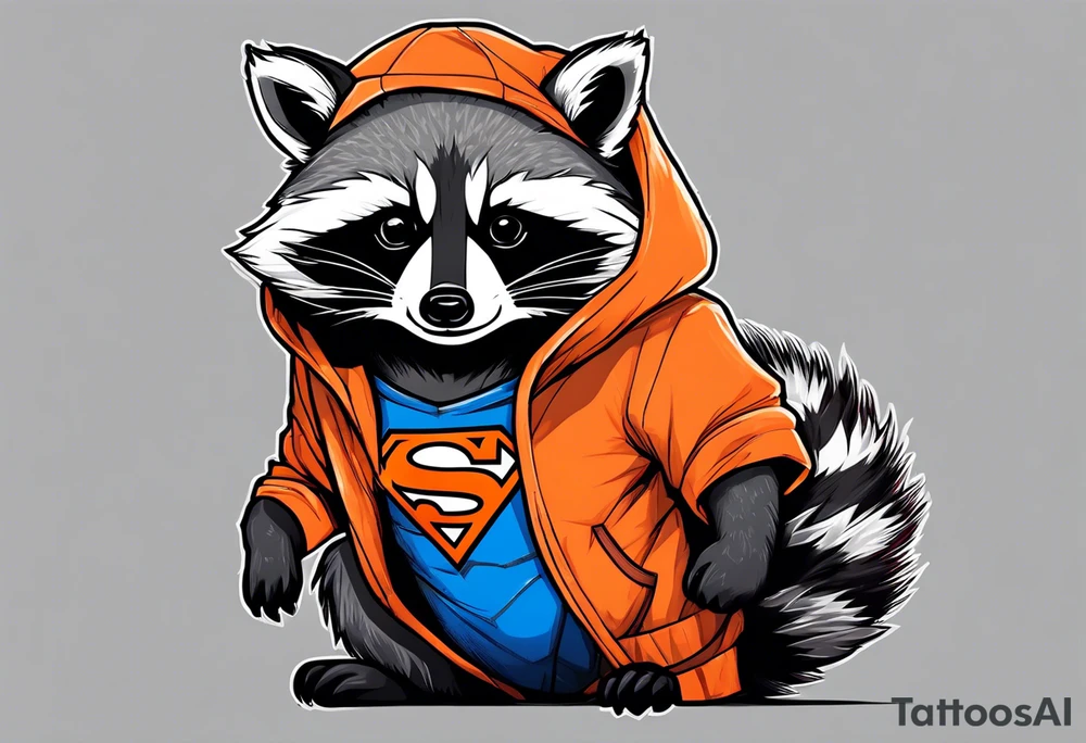 Raccoon wearing an orange Superman hoodie tattoo idea