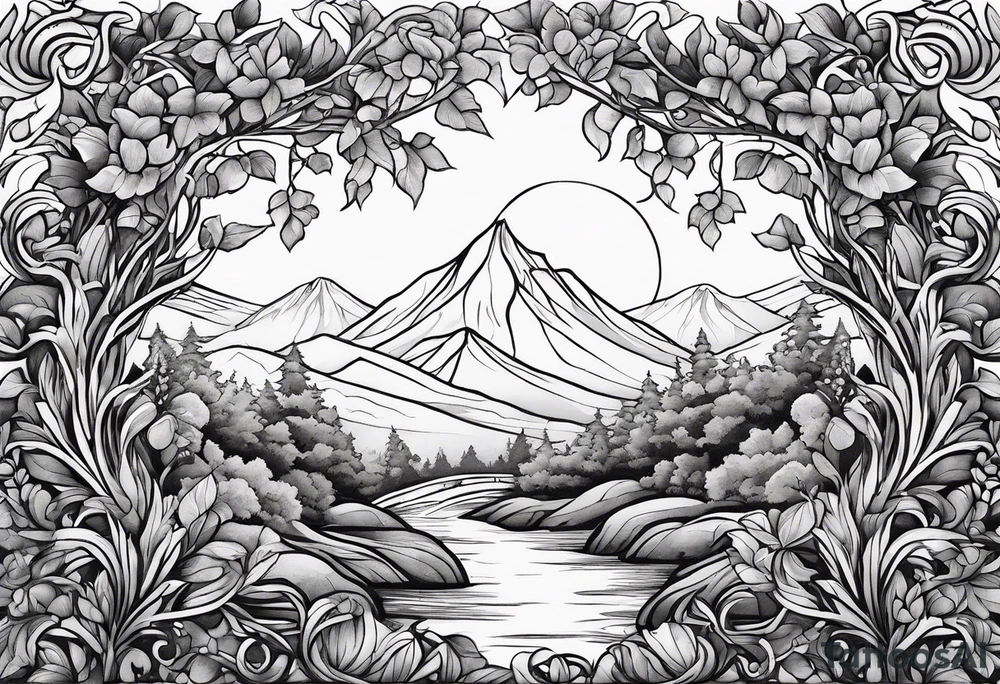 stone road leafy vines tattoo idea