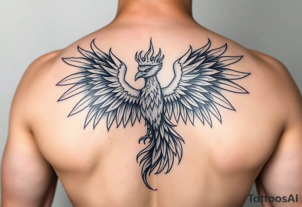 powerful majestic phoenix with crown of fire tattoo idea