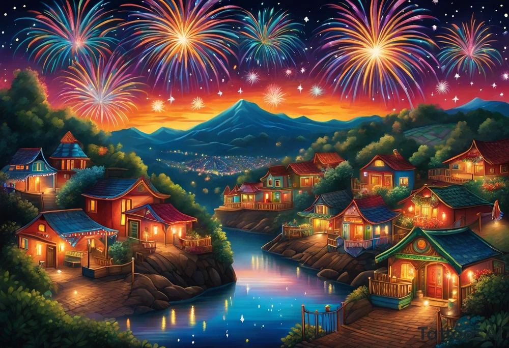 Fireworks burst across the night sky, surrounded by glowing candles and stars, capturing the magic and nostalgia of Colombian December nights. The scene is vibrant with multi-colored lights and an air of celebration. Soft linework mist or halos around the fireworks adds a magical, dreamy quality to the scene. The tattoo reflects joy and tradition, with an emphasis on warmth and festivity. tattoo idea