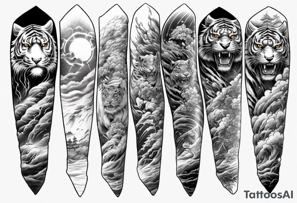 Tiger sleeve tattoo with lightning and the sun
Forearm sleeve tattoo idea