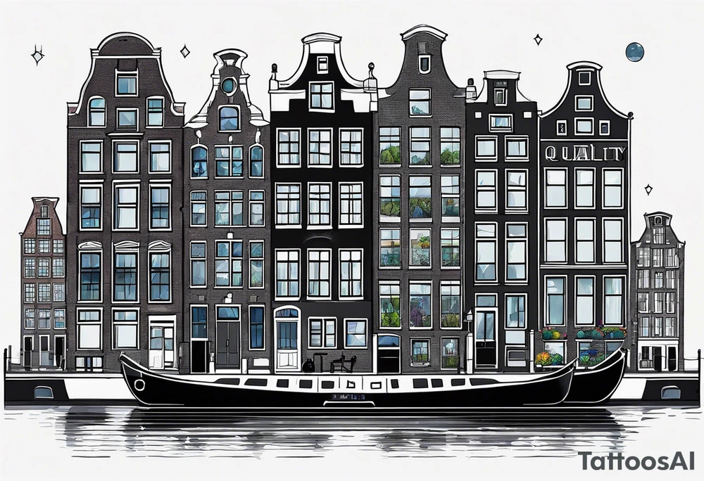 Amsterdam buildings and canal featuring animals in galaxy colours featuring glass pineapples tattoo idea