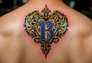 A golden heart with filigree swirls and a deep blue letter "B", evoking a royal and elegant feel. tattoo idea