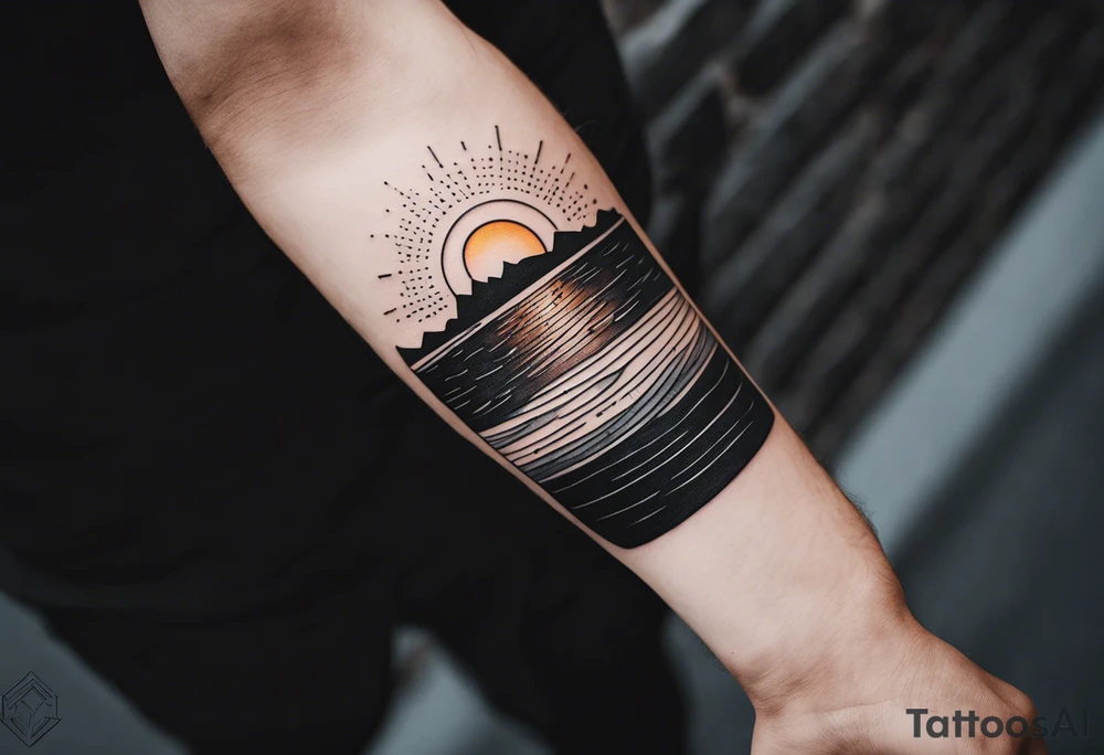 Minimalistic, small, black and white tattoo on male forearm. Tattoo style is line drawing. From the perspective of being on the ocean, the water is calm, with no waves in sight, the sun is setting behind the ocean, reflecting light onto the water. The tattoo in the shape of a rectangle, 4 inches wide by 2 inches tall. tattoo idea