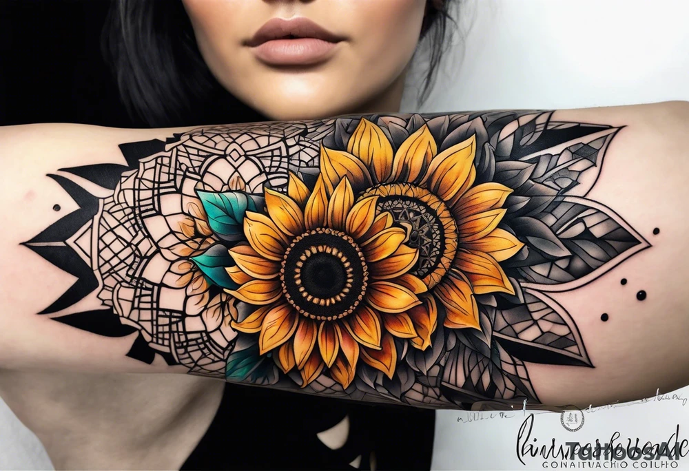 Sunflower forearm tattoo with honeycomb background and mandala wrist wrap. Sunflowers tattoo idea