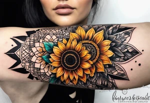 Sunflower forearm tattoo with honeycomb background and mandala wrist wrap. Sunflowers tattoo idea
