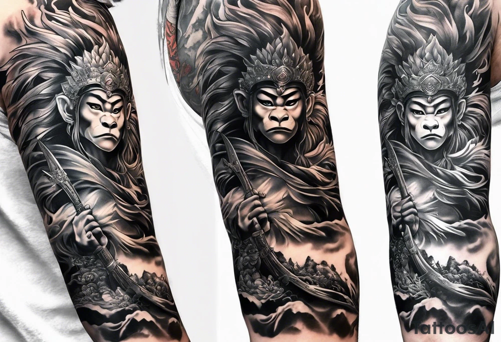 create a full arm sleeve tattoo containing a combinatin of the following; the monkey king with weapon, a japanese dragon, and
 shrouded mother holding a baby tattoo idea
