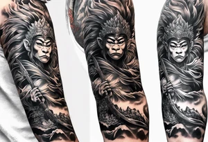 create a full arm sleeve tattoo containing a combinatin of the following; the monkey king with weapon, a japanese dragon, and
 shrouded mother holding a baby tattoo idea